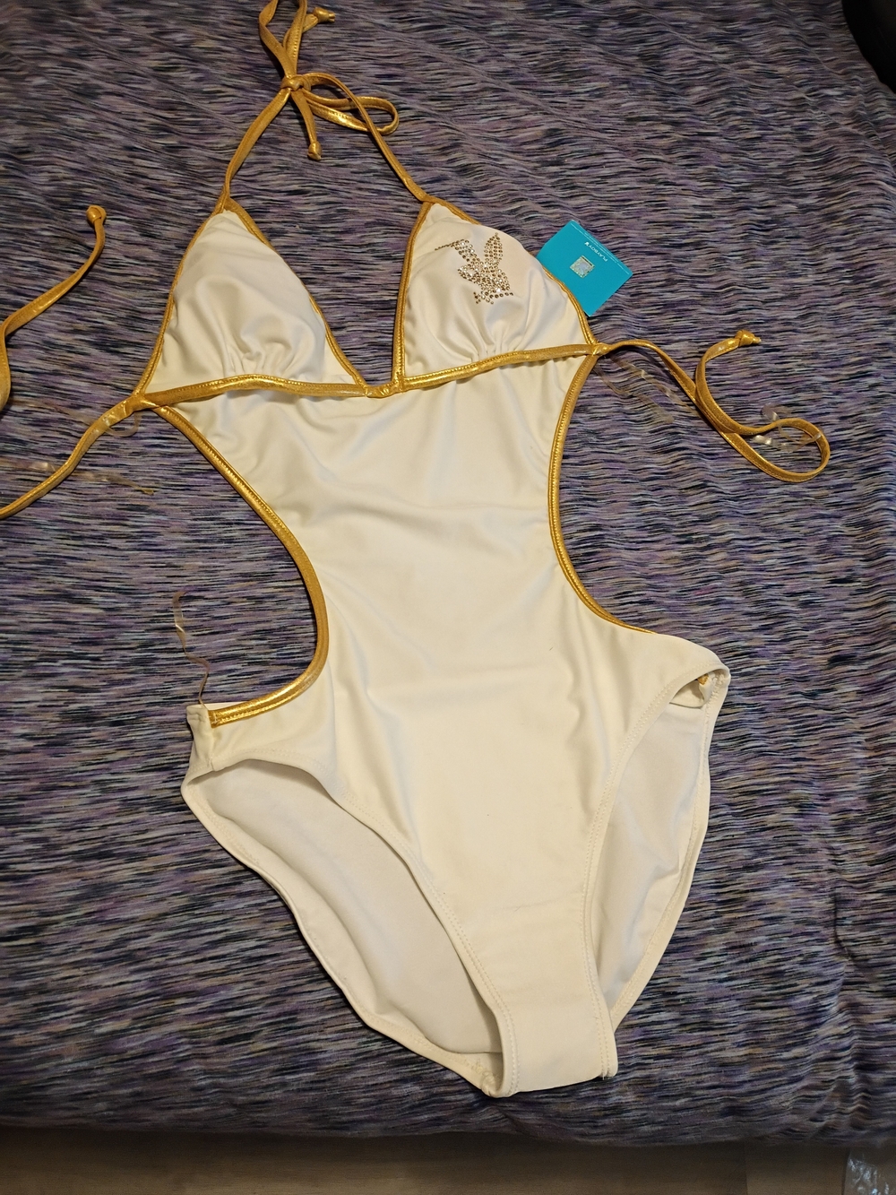PLAYBOY White One-Piece Swimsuit with Gold Trim and Crystal Bunny